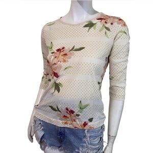 Vintage Y2K Cream Floral Polka Dot Sheer 3/4 Sleeve Top Sz S